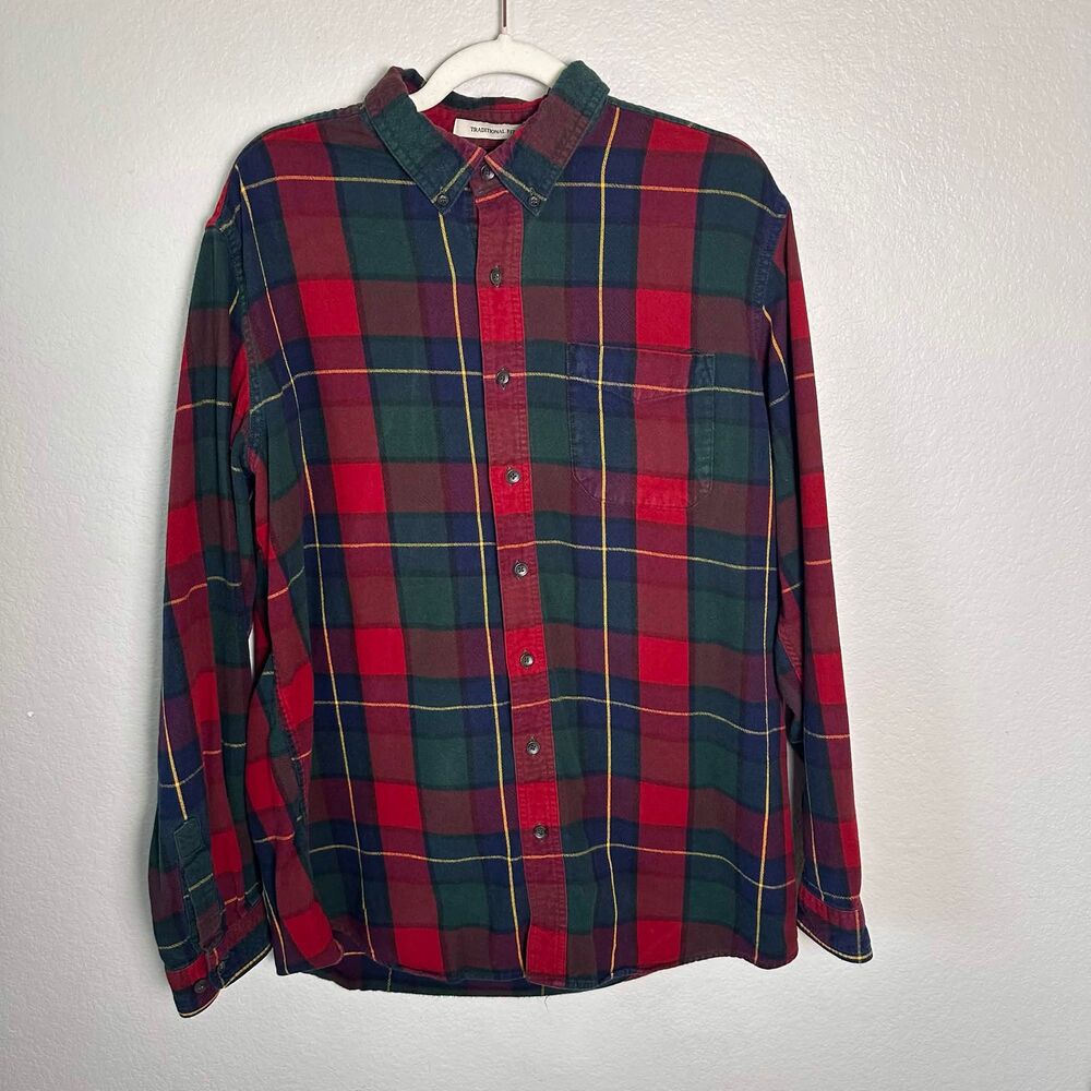 L.L. Bean Men's Scotch Plaid Flannel Shirt Red Green Tartan Size L Tall Fit